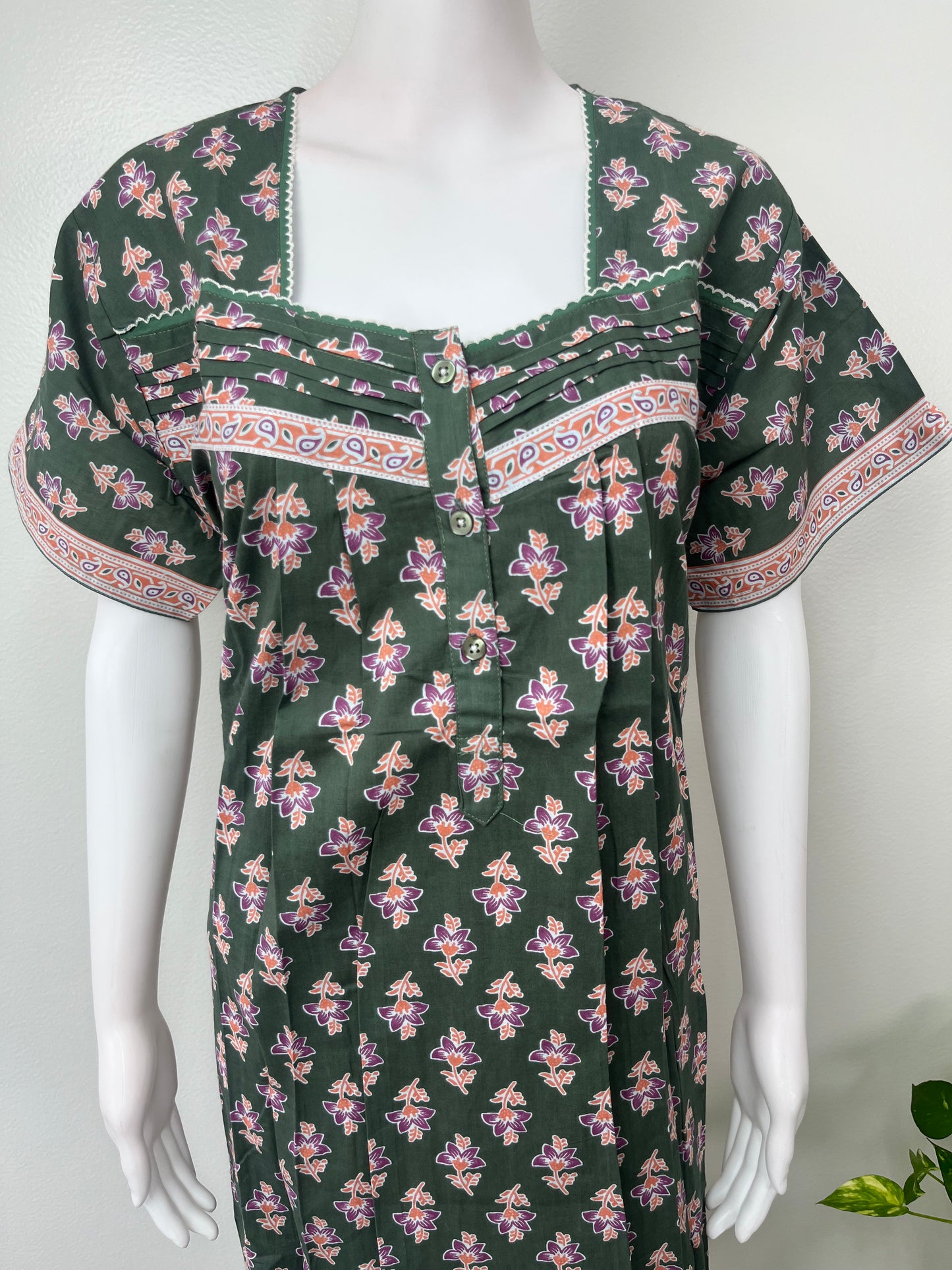 Olive Green Pleated Cotton Nighty Soft & Comfortable