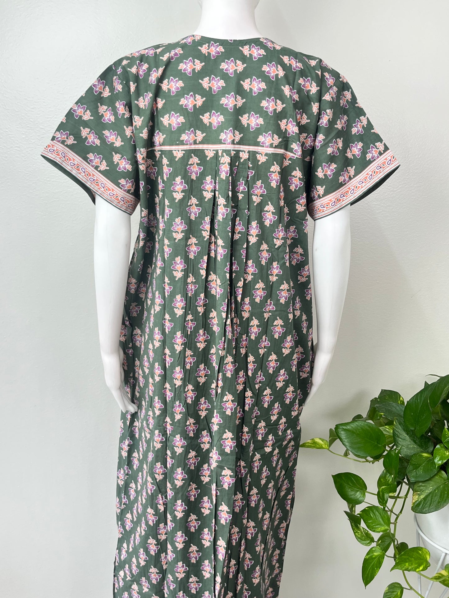 Olive Green Pleated Cotton Nighty Soft & Comfortable