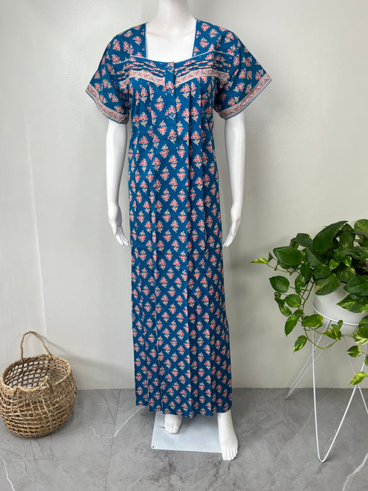 Royal Blue Printed Cotton Nightgown for Women