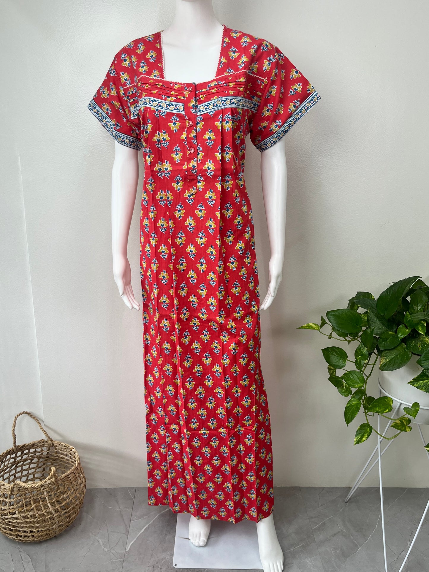 Red 100% Cotton Nightgown with Contrast Print