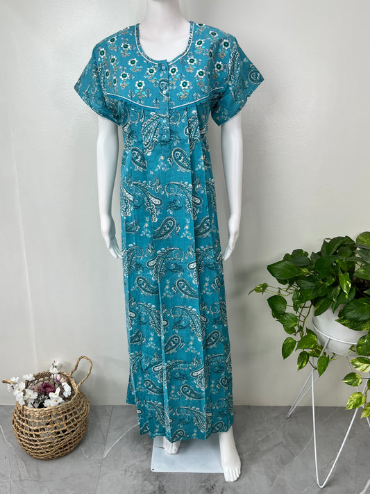 Teal Blue 100% Cotton Women's Nightgown