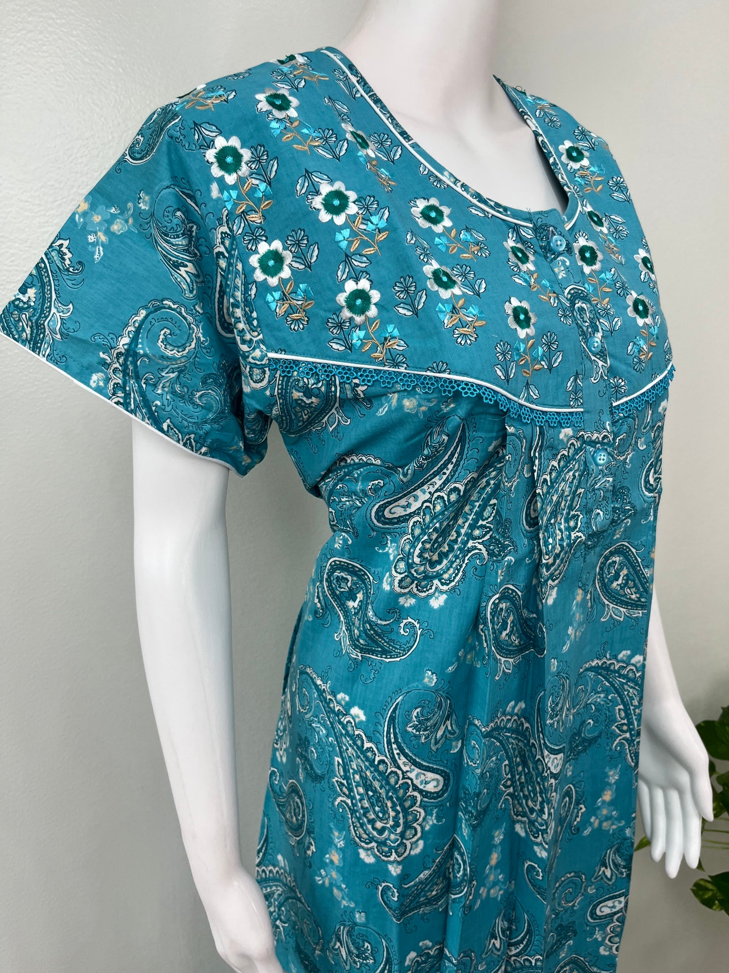 Teal Blue 100% Cotton Women's Nightgown
