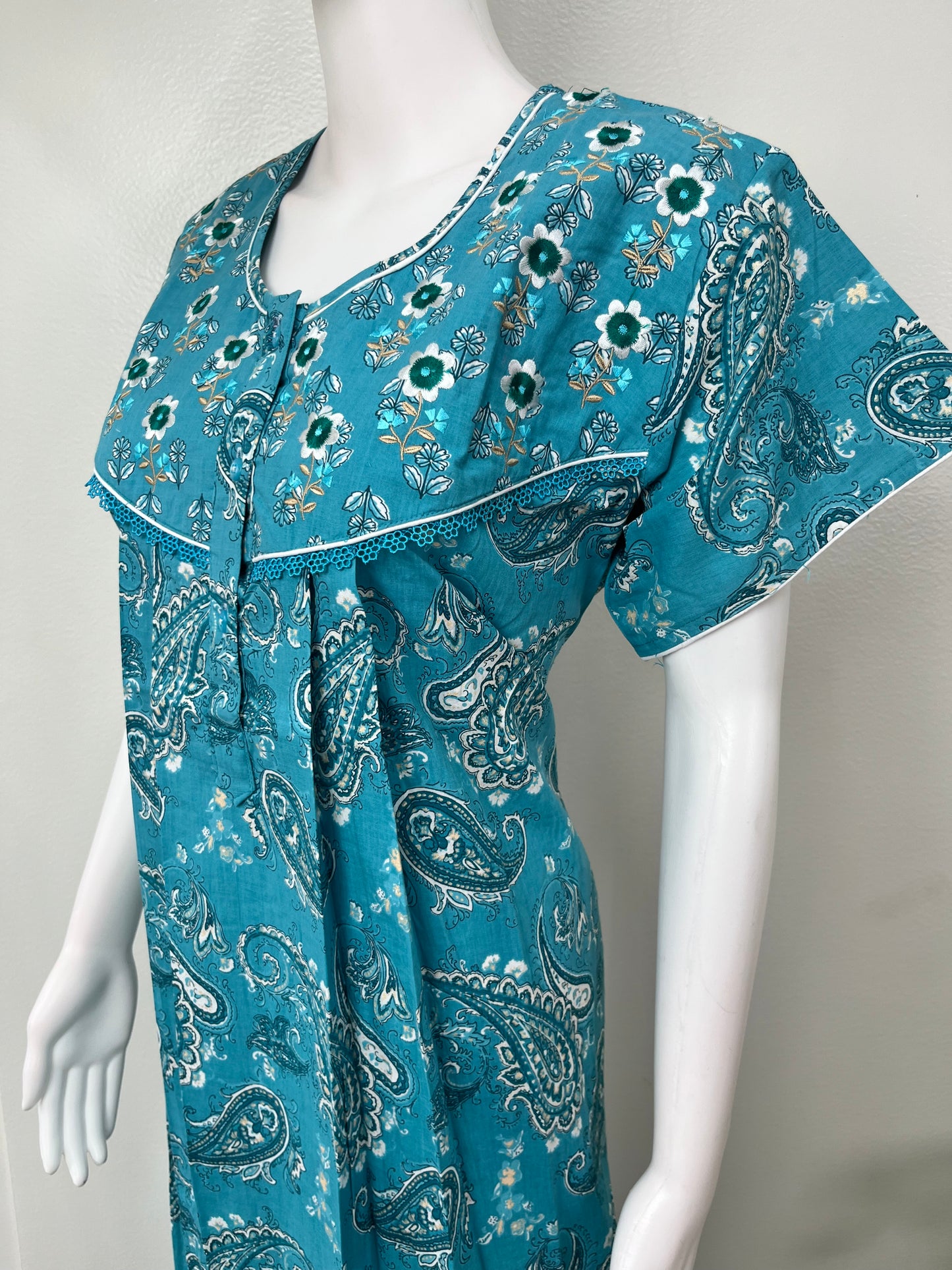 Teal Blue 100% Cotton Women's Nightgown