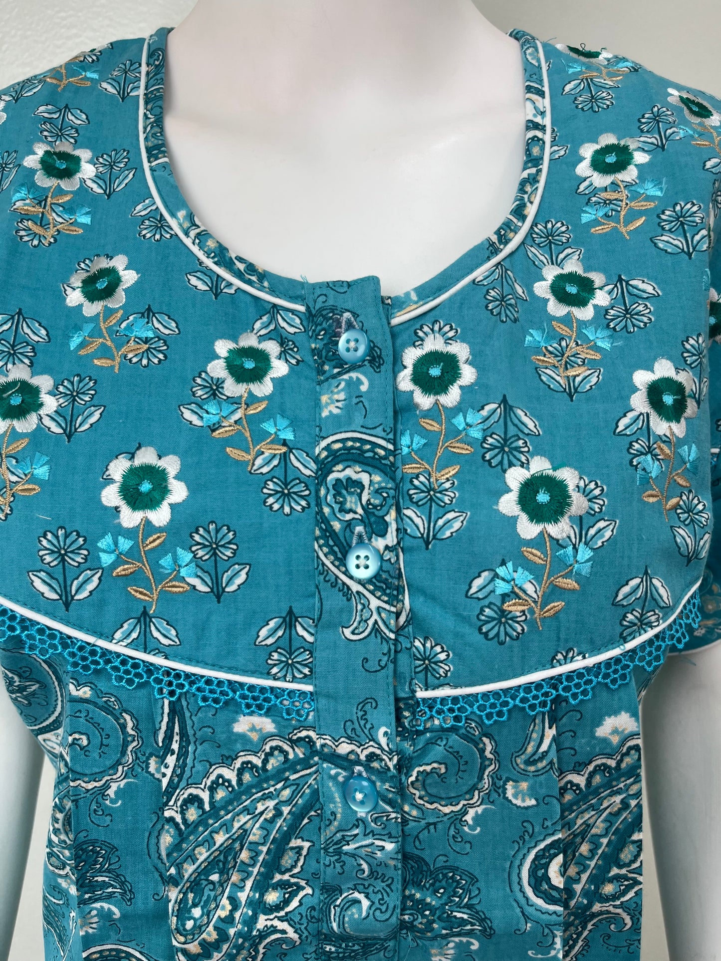 Teal Blue 100% Cotton Women's Nightgown