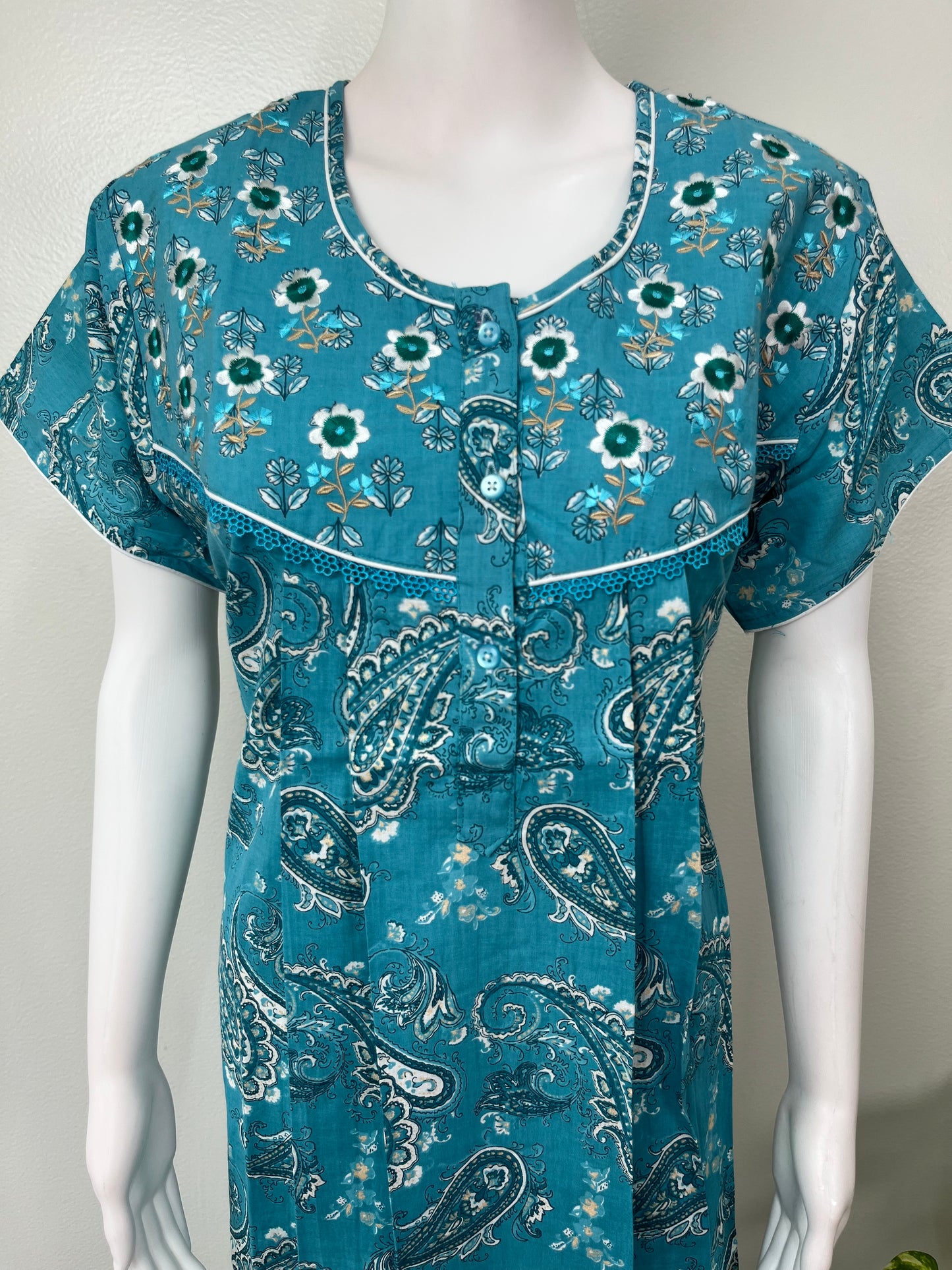 Teal Blue 100% Cotton Women's Nightgown