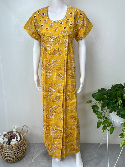 Mustard Embroidered 100% Cotton Nightgown
