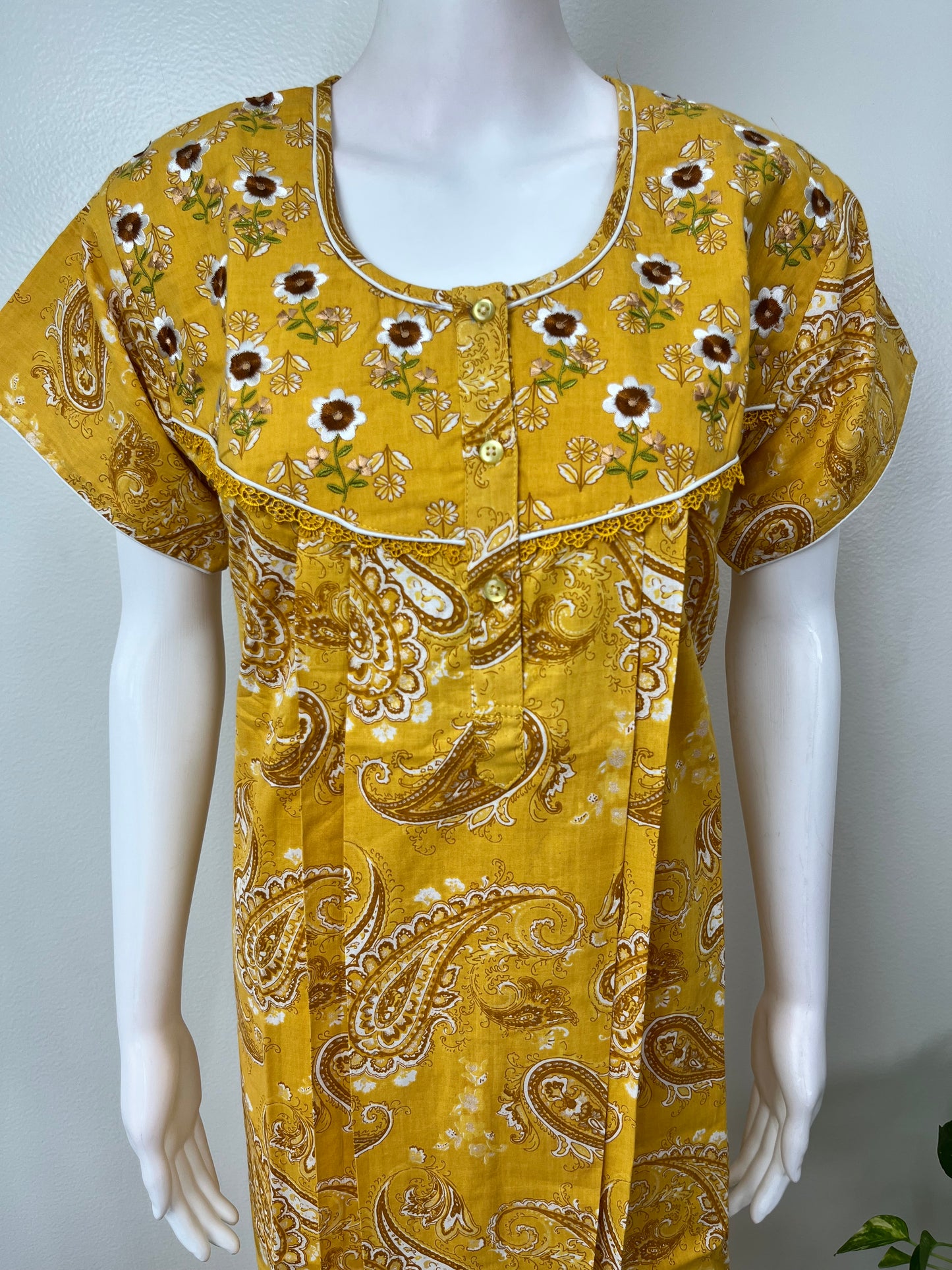 Mustard Embroidered 100% Cotton Nightgown