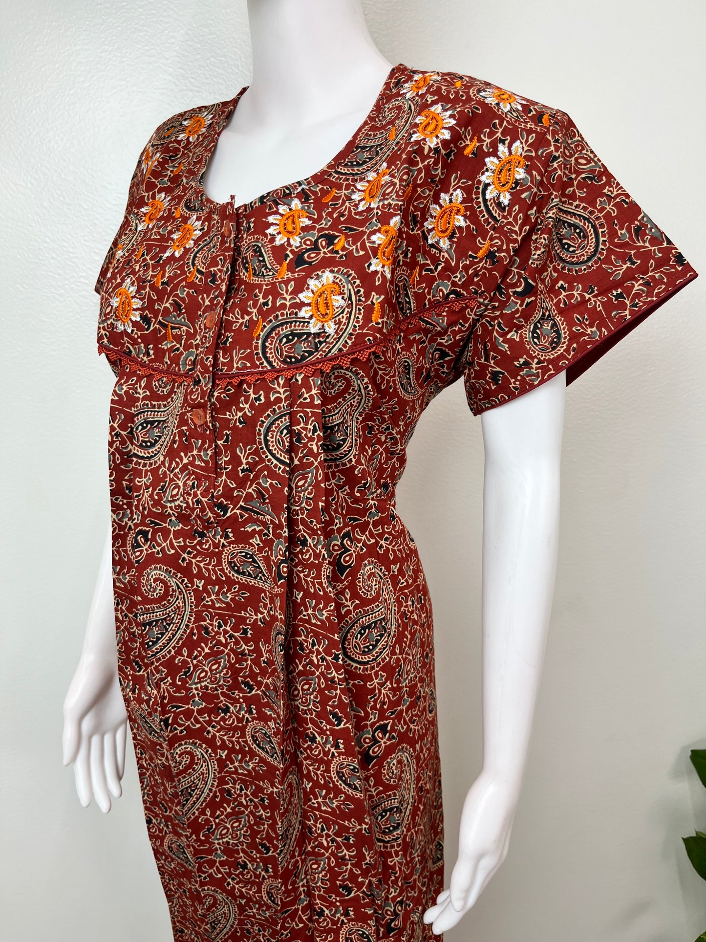 Maroon Pure Cotton Embroidered Women's Nighty