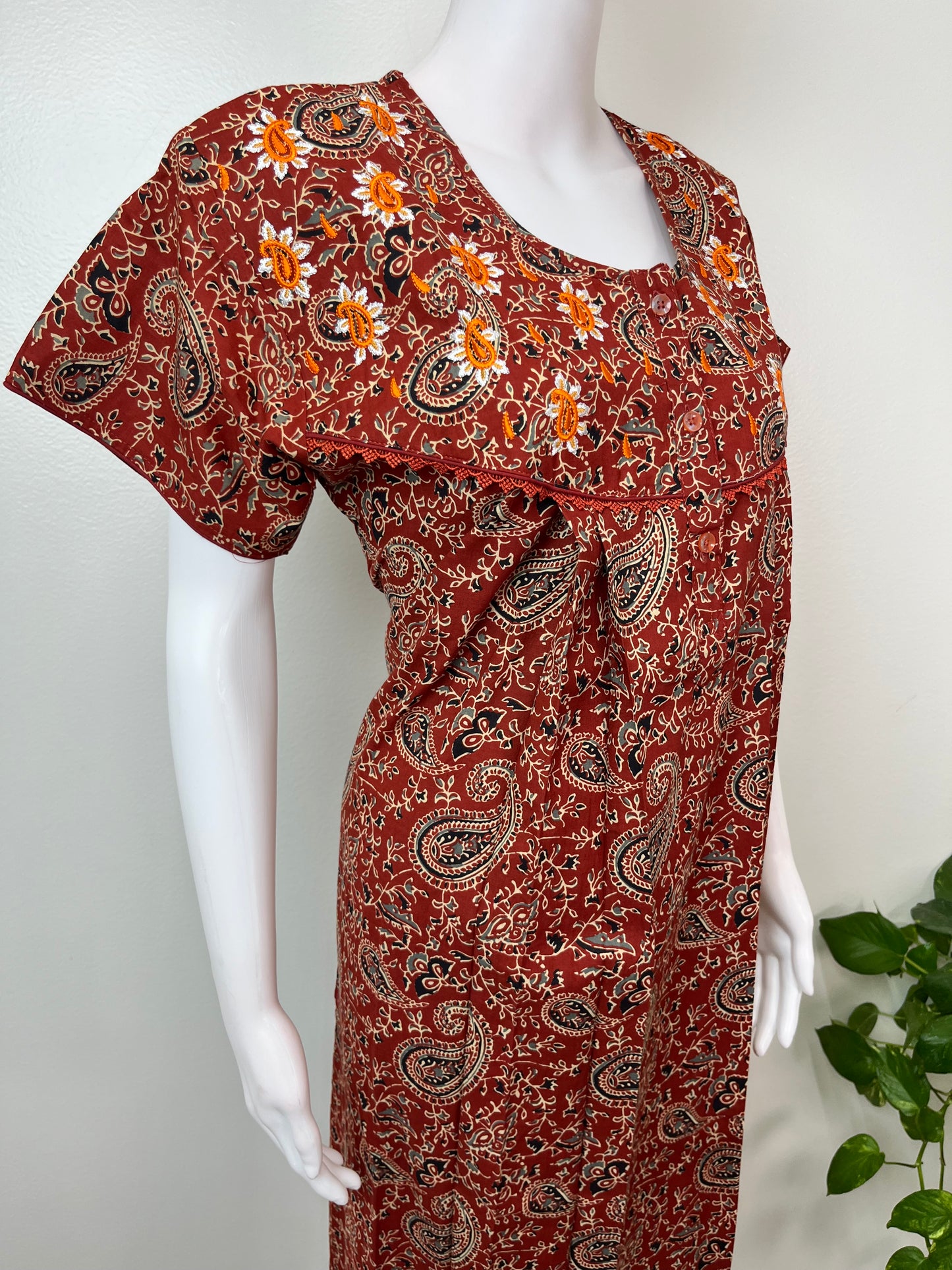 Maroon Pure Cotton Embroidered Women's Nighty