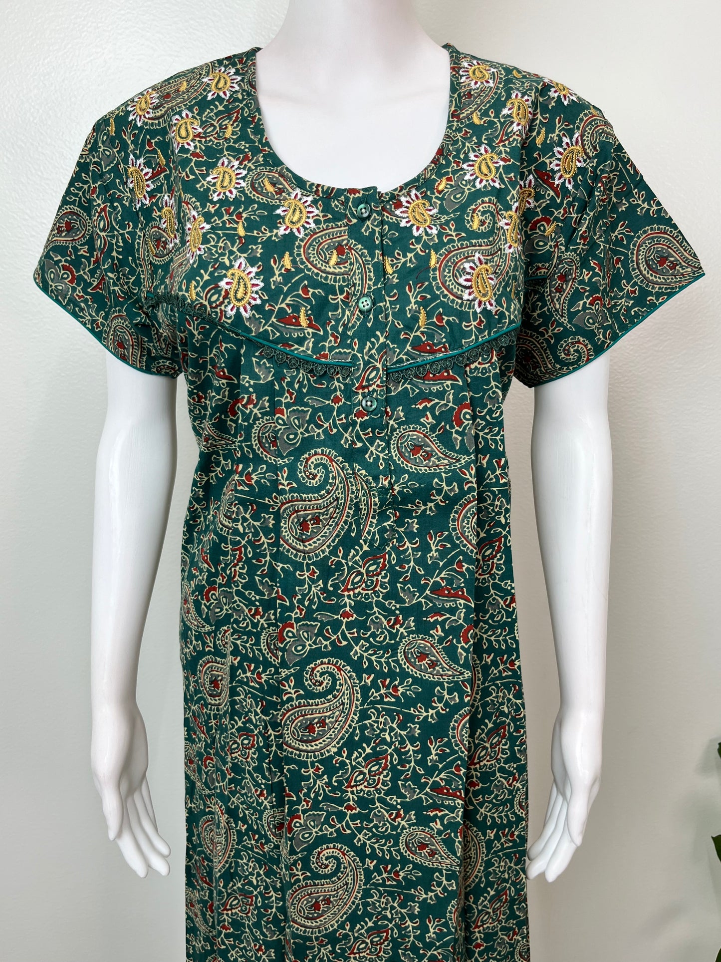 Bottle Green Elegant Embroidered 100% Cotton Nighty