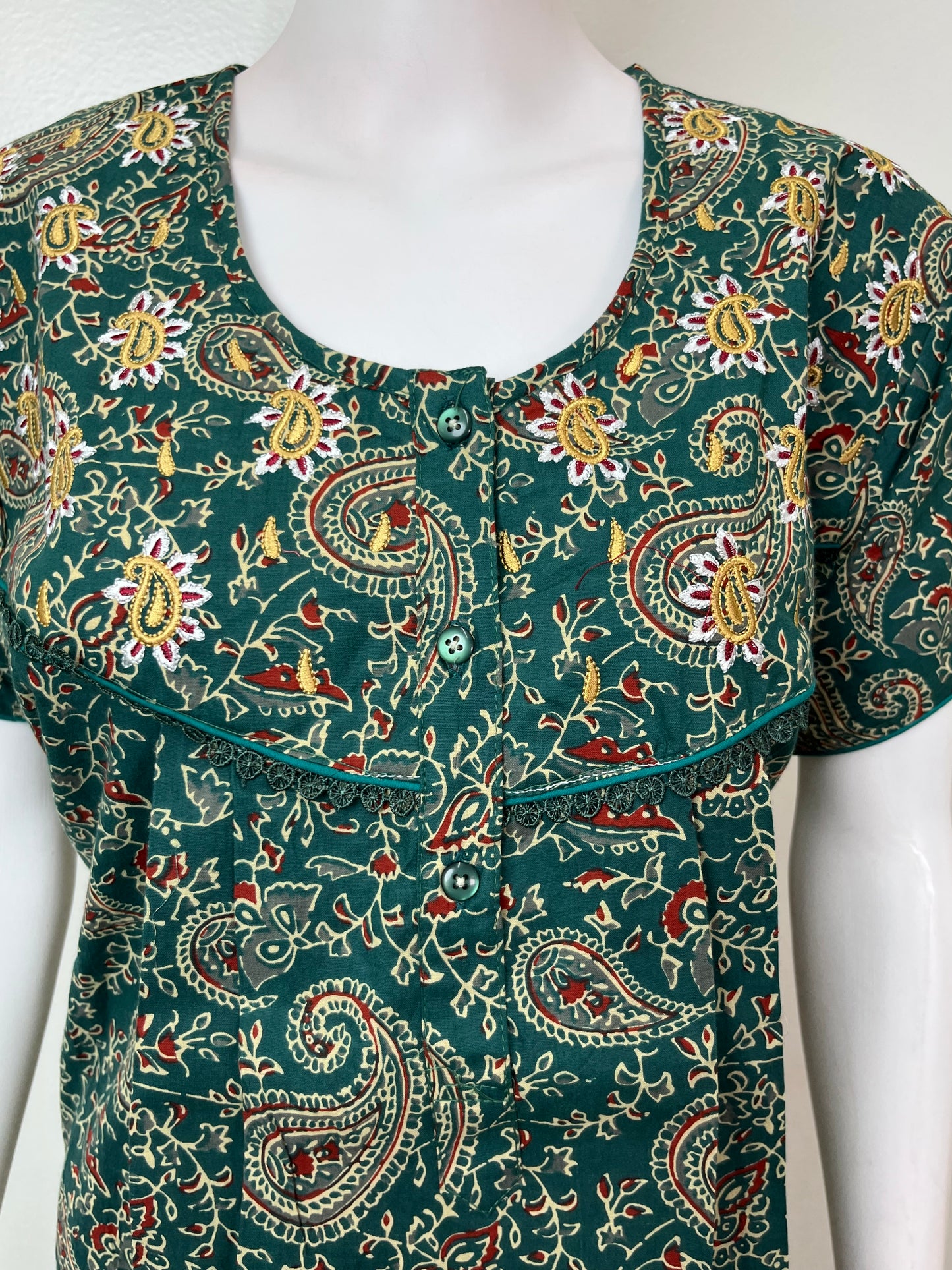 Bottle Green Elegant Embroidered 100% Cotton Nighty