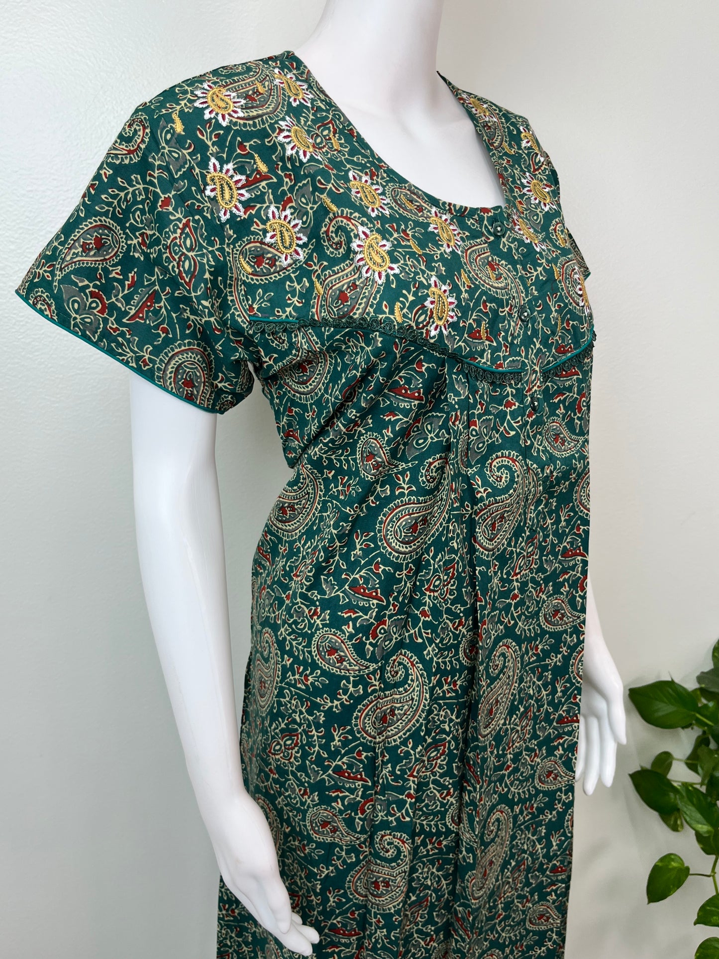 Bottle Green Elegant Embroidered 100% Cotton Nighty