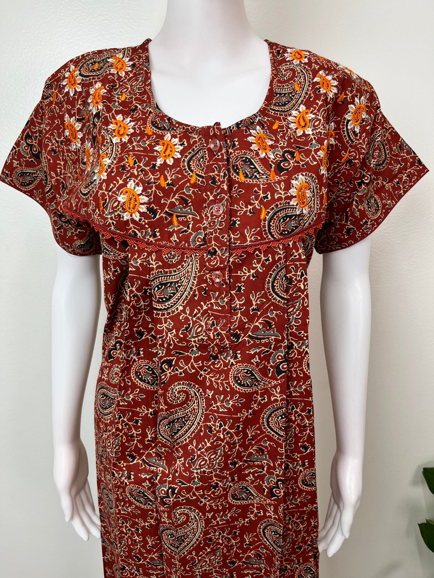Maroon Pure Cotton Embroidered Women's Nighty