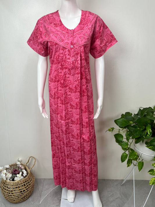Hot Pink Floral Printed Cotton Nightgown