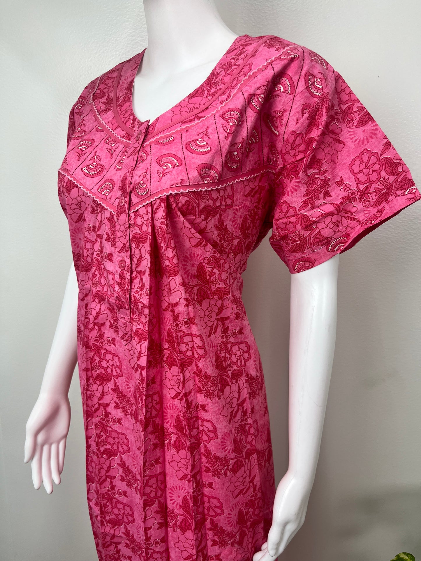 Hot Pink Floral Printed Cotton Nightgown