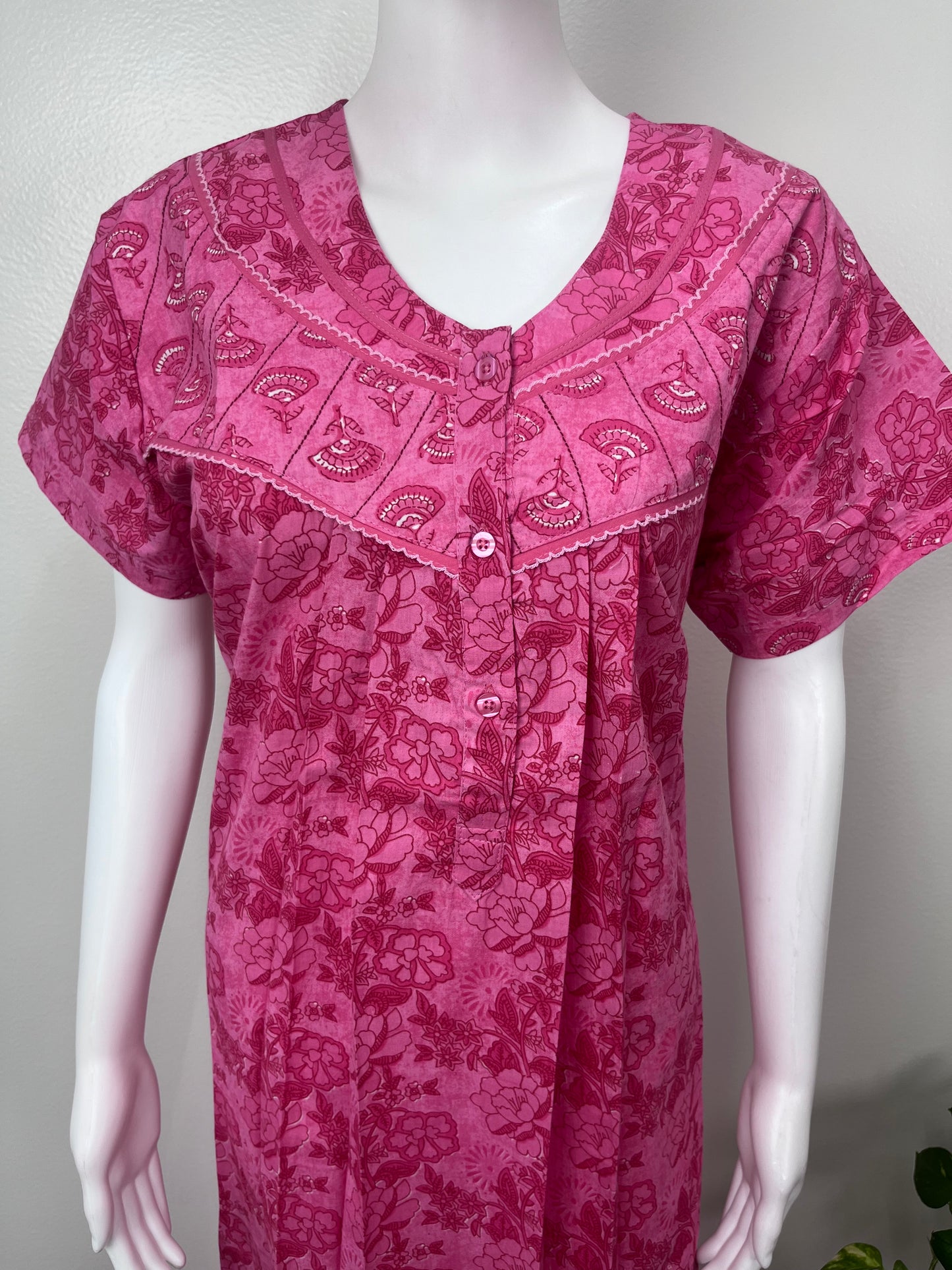 Hot Pink Floral Printed Cotton Nightgown