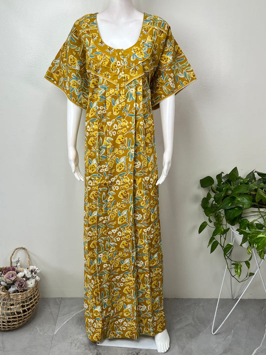 Mustard Floral Printed 100% Cotton Nightgown