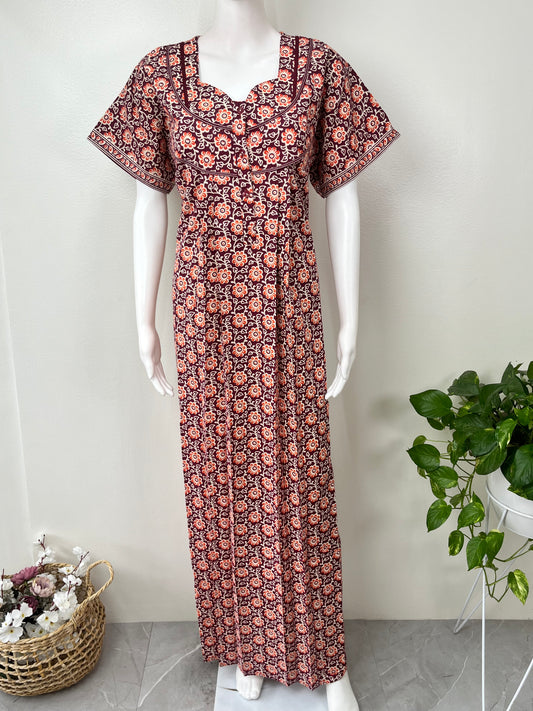 Maroon Floral Printed 100% Cotton Nighty