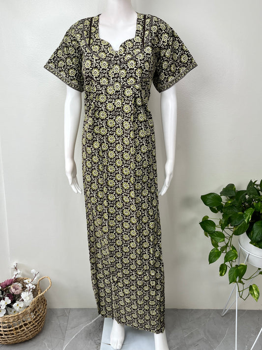 Bottle Green Pleated Cotton Nighty for Women