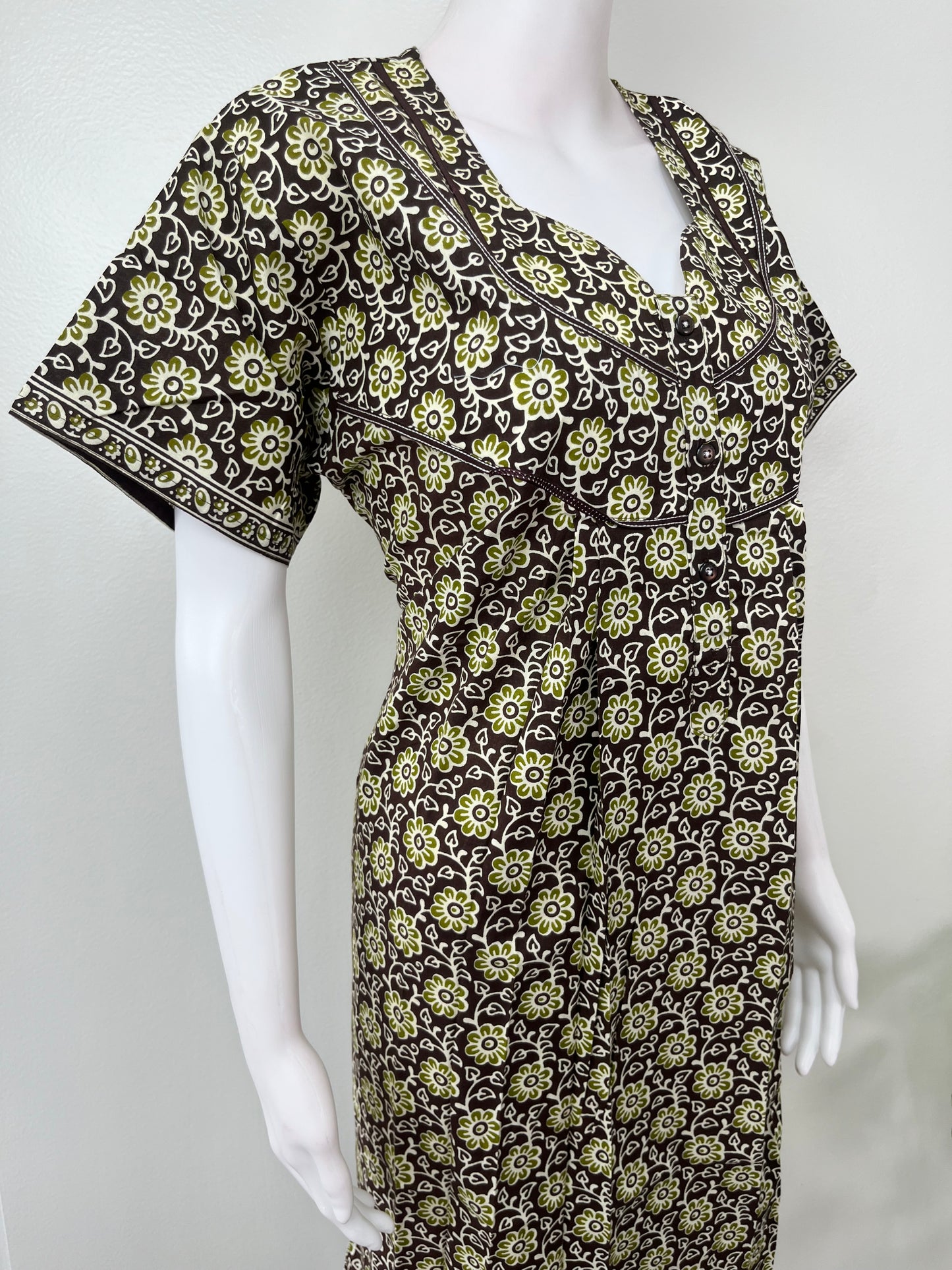 Bottle Green Pleated Cotton Nighty for Women