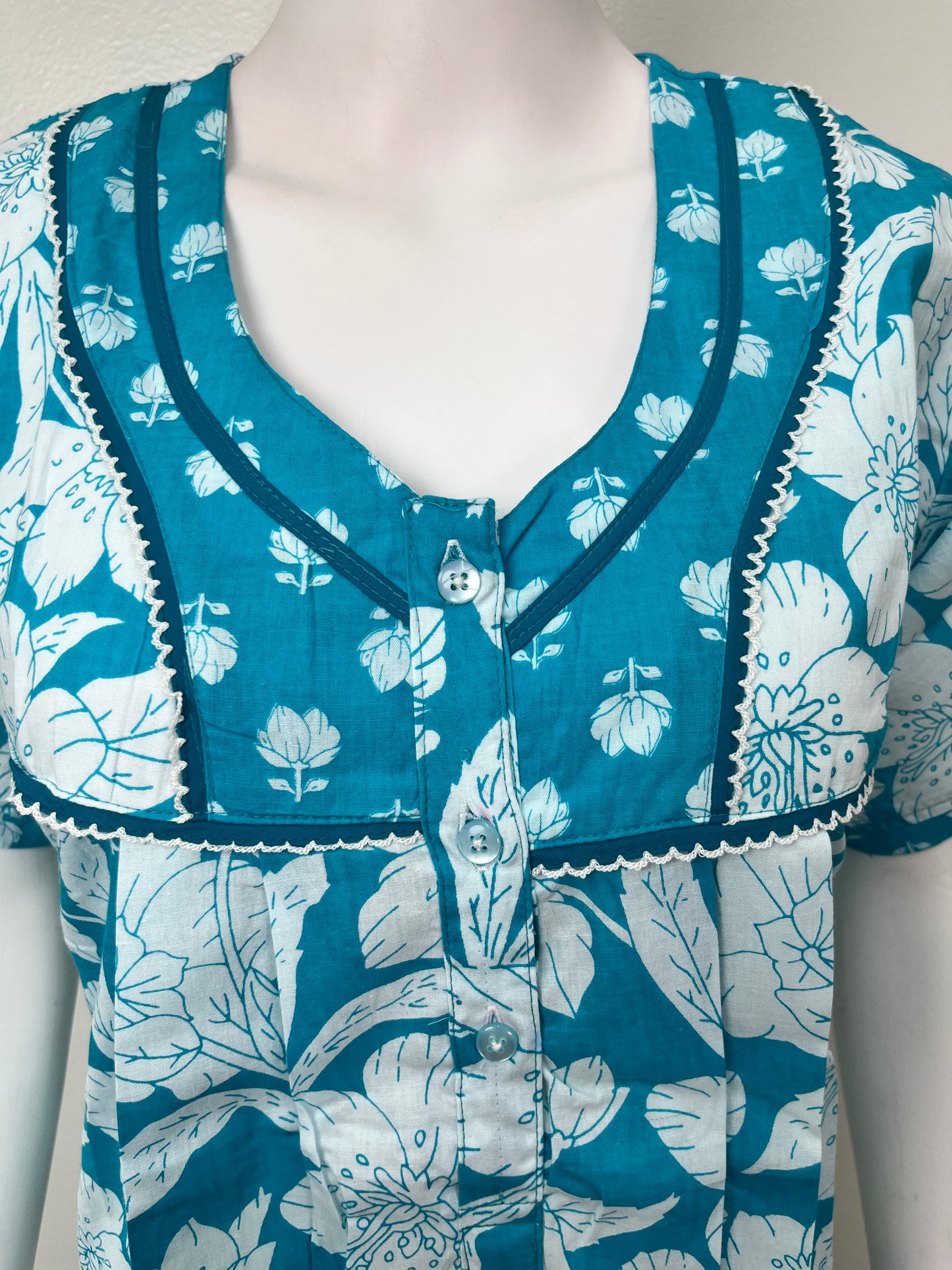 Aqua Blue Floral Printed 100% Cotton Nighty