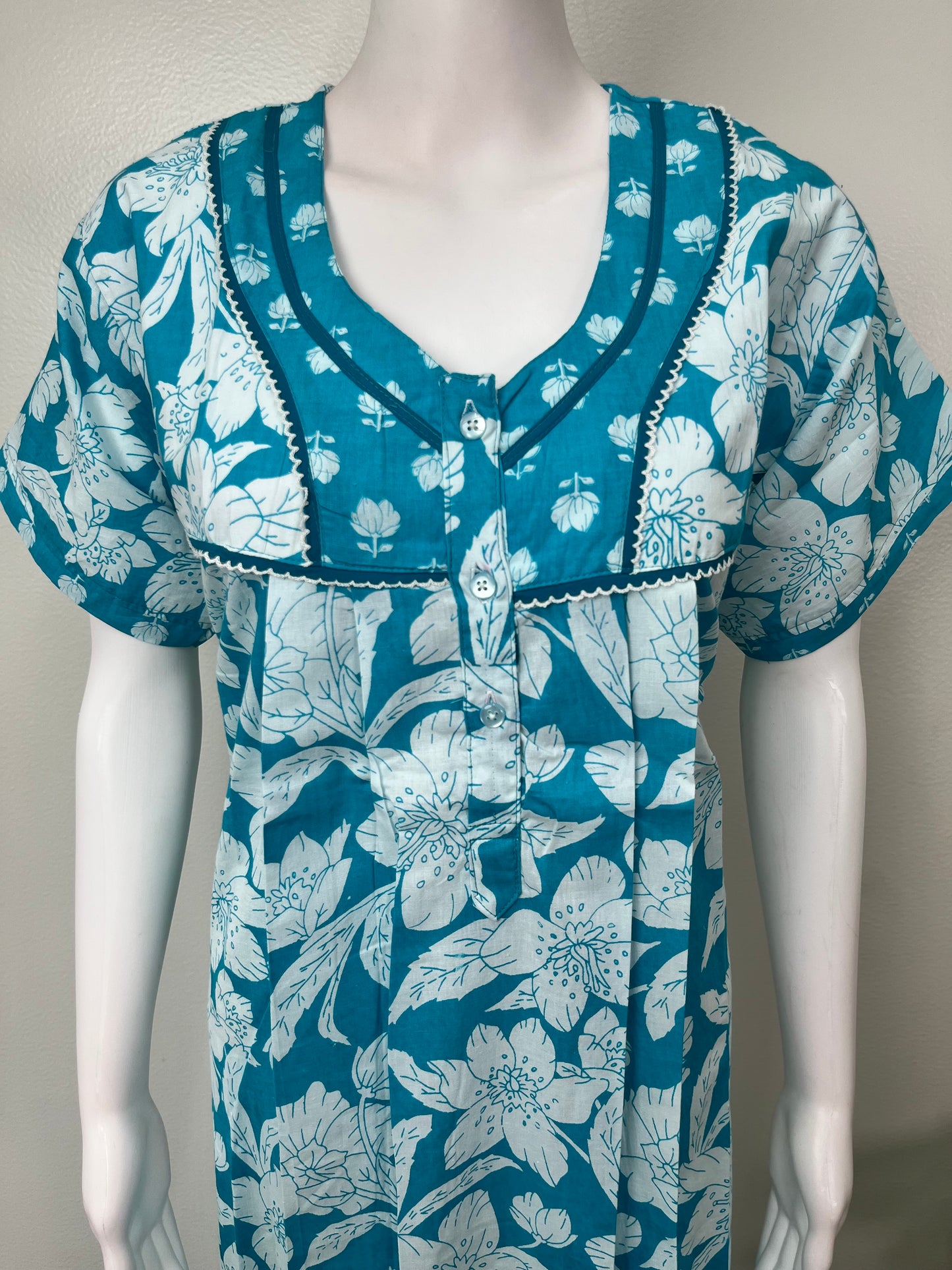 Aqua Blue Floral Printed 100% Cotton Nighty
