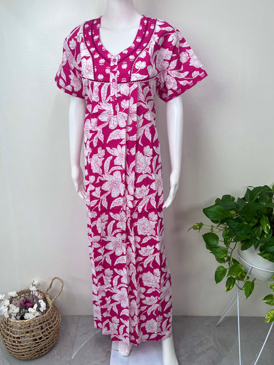 Pink Pleated Style Cotton Nightgown for Women