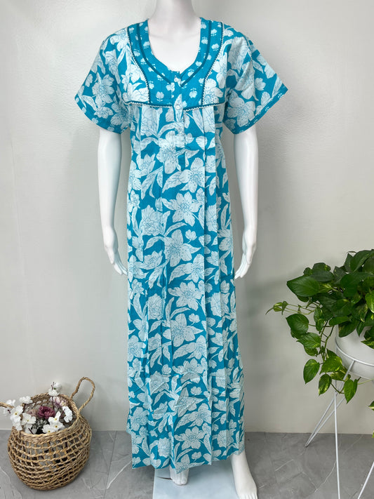 Aqua Blue Floral Printed 100% Cotton Nighty