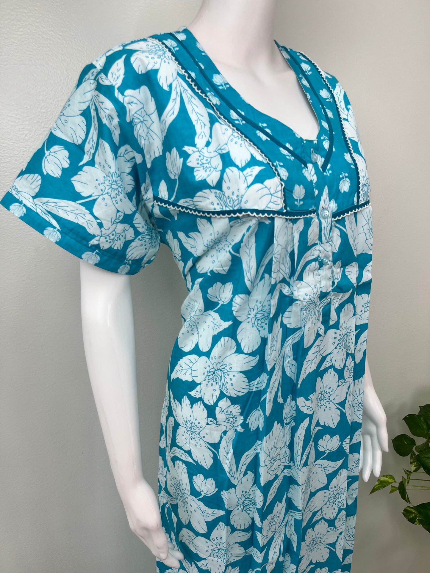 Aqua Blue Floral Printed 100% Cotton Nighty