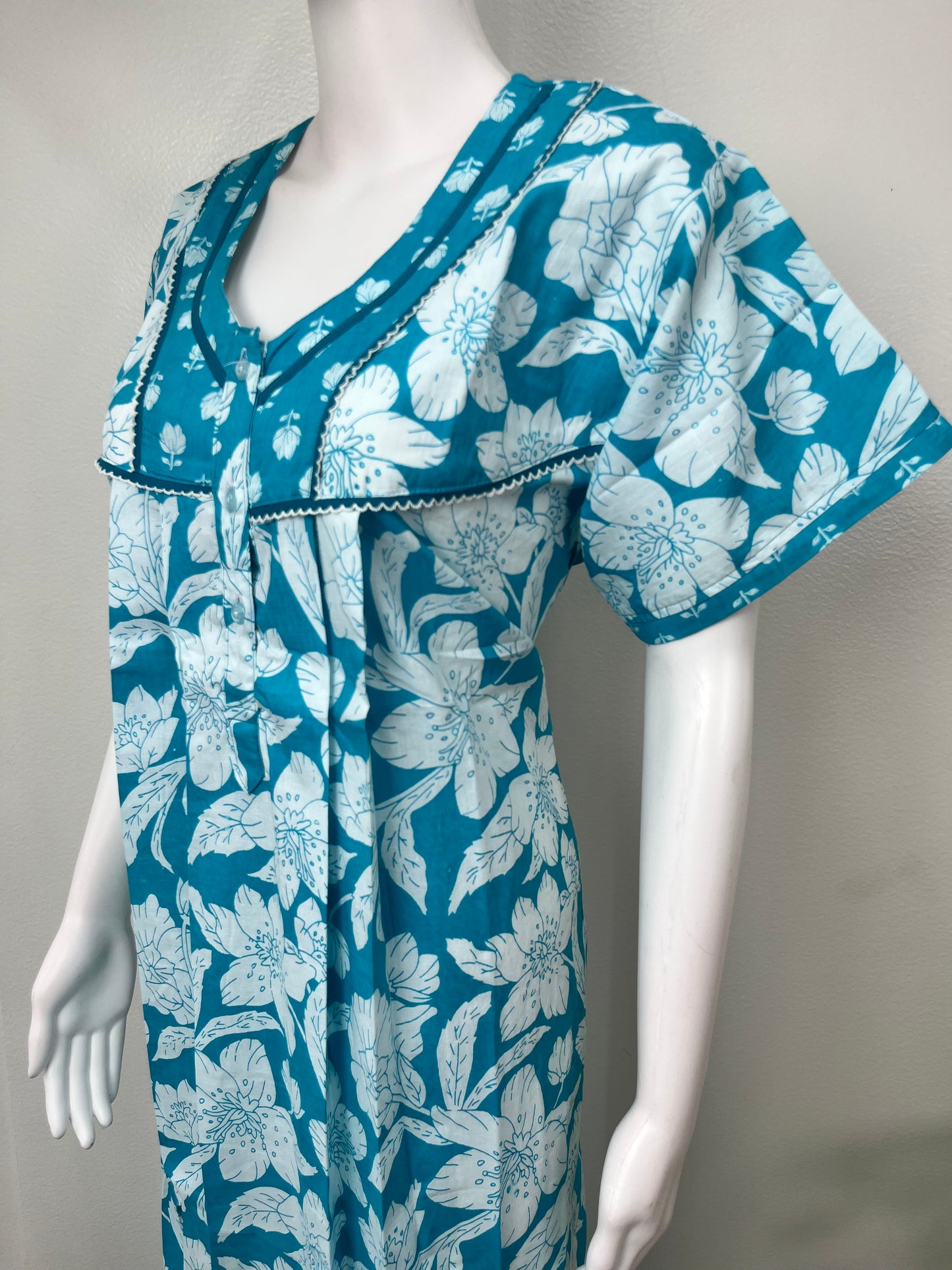 Aqua Blue Floral Printed 100% Cotton Nighty