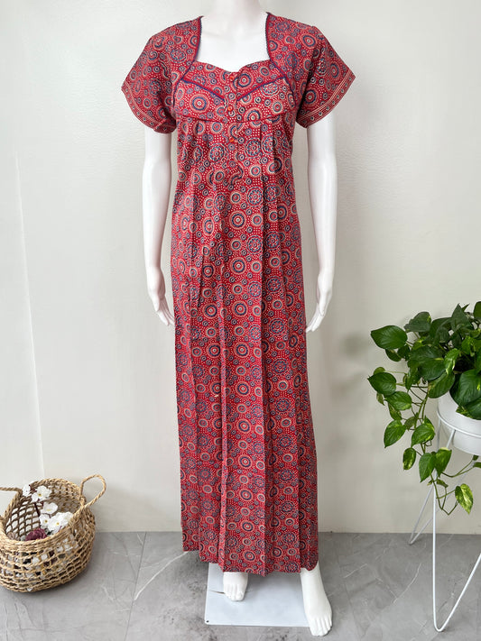 Red Pure Cotton Nighty with Geometric Print