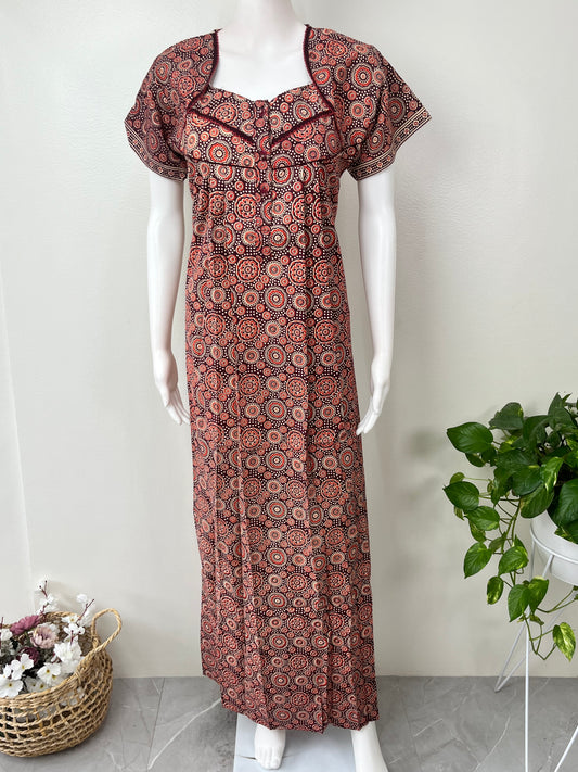 Maroon Pleated Pure Cotton Nightgown for Women