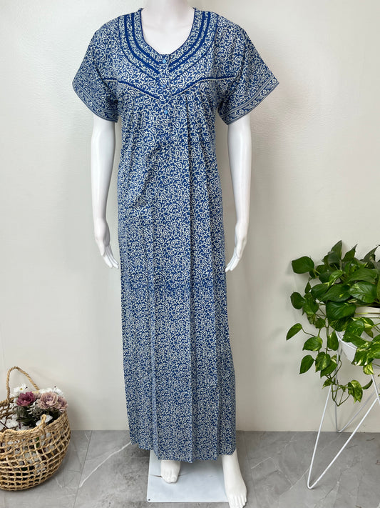 Blue Pleated Style 100% Cotton Nightgown for Women