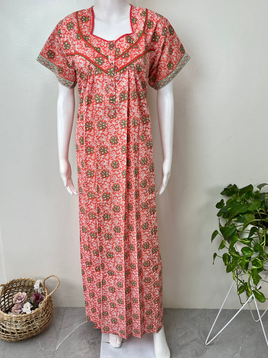 Orange Floral Pure Cotton Nighty for Women