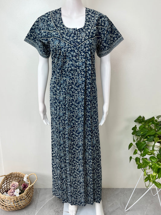 Navy Blue Printed 100% Cotton Nightgown