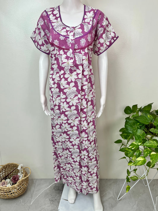 Purple Floral Printed 100% Cotton Nighty