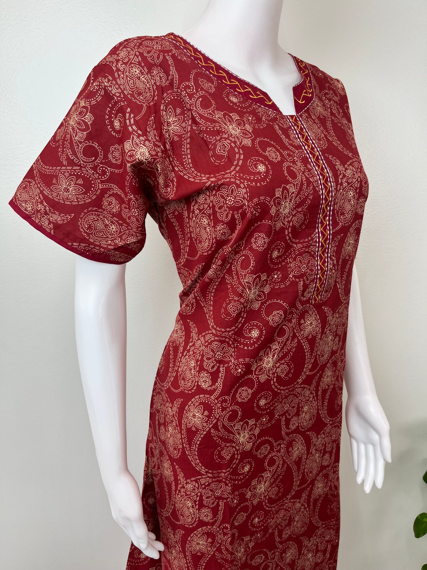 Maroon Elegant Embroidered 100% Cotton Nighty