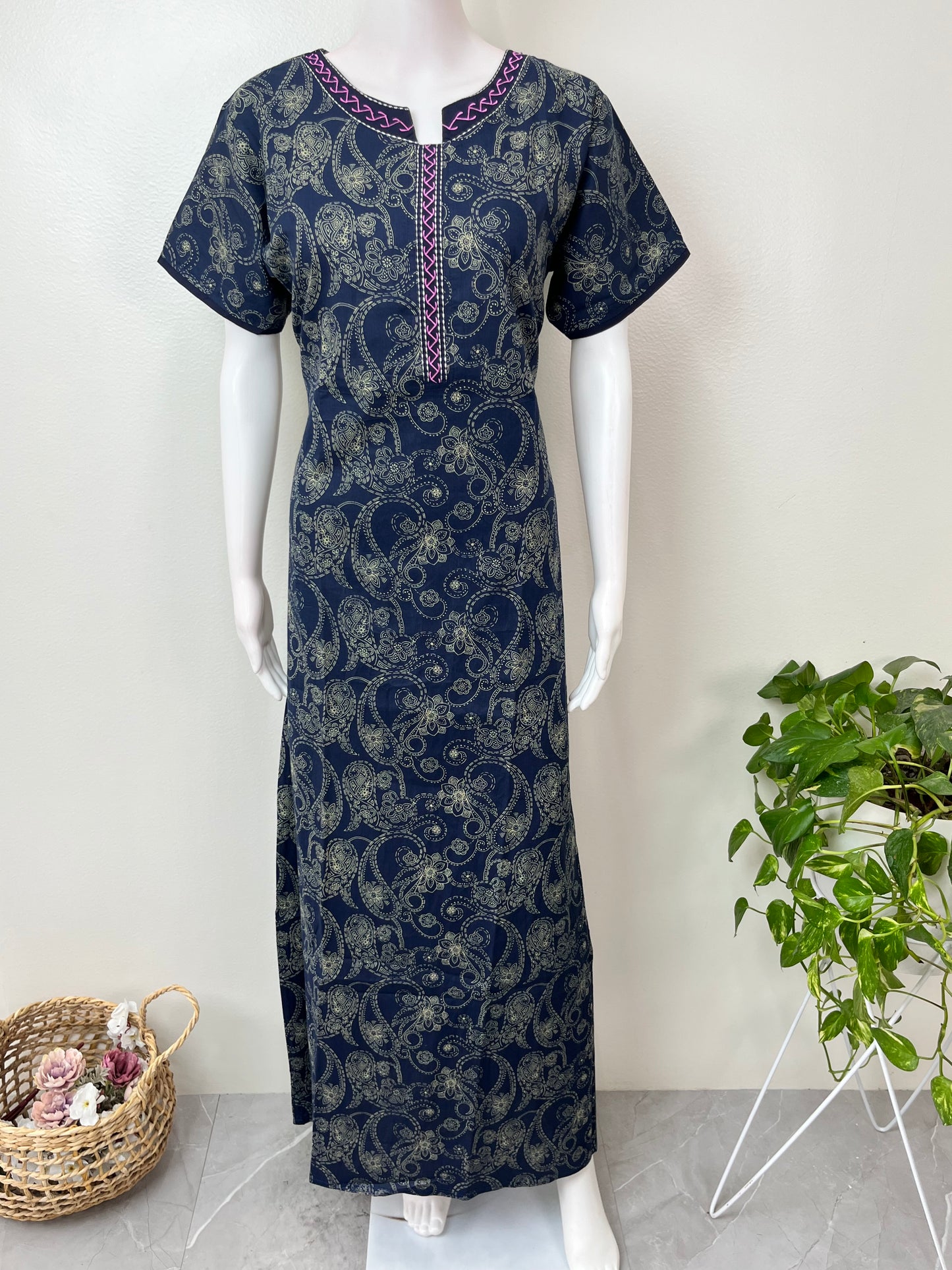 Navy Blue A-Line Pure Cotton Nighty