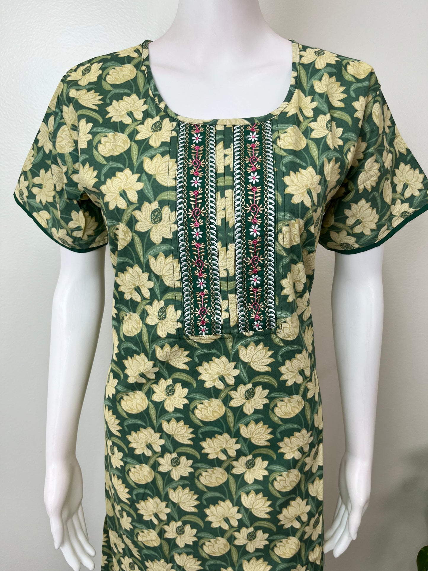Green Floral Pure Cotton Women's Nighty