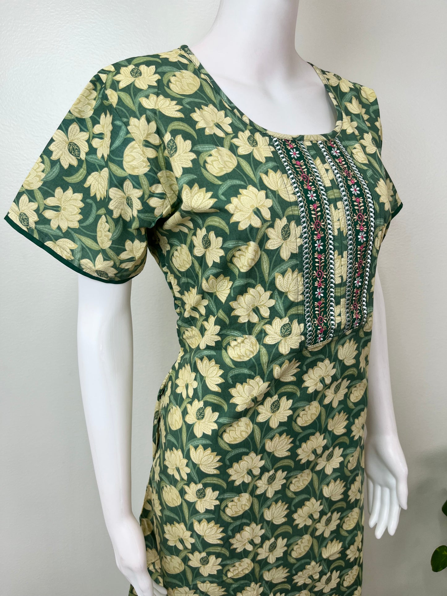 Green Floral Pure Cotton Women's Nighty
