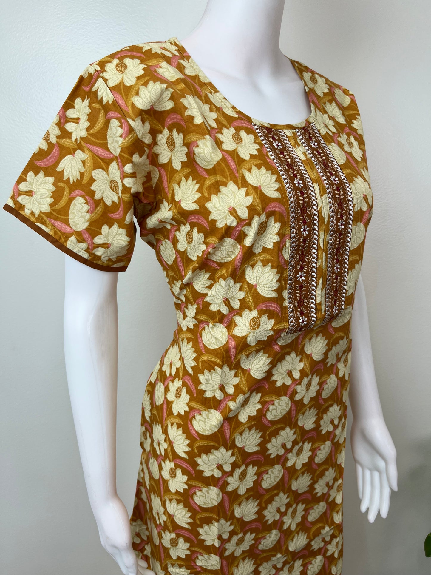 Yellow Floral Printed Pure Cotton Nightgown