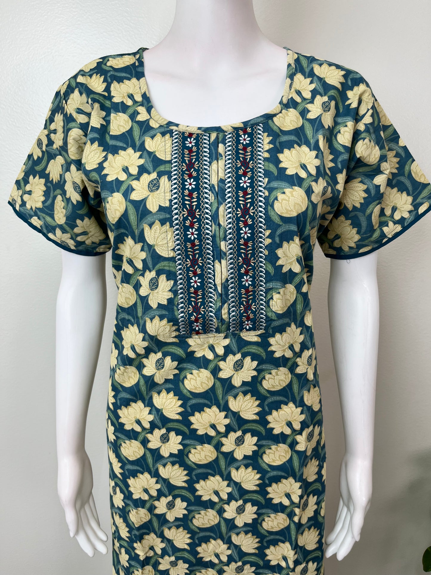 Blue 100% Cotton Nighty with Contrast Print