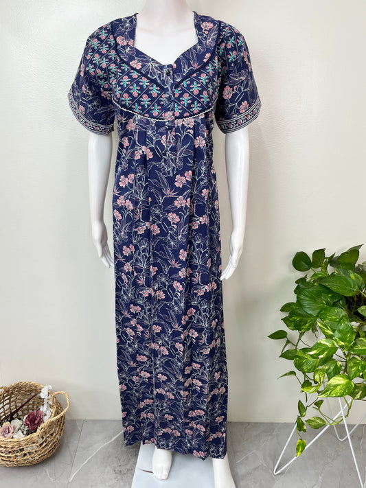 Navy Blue Floral Printed 100 % Cotton Nighty