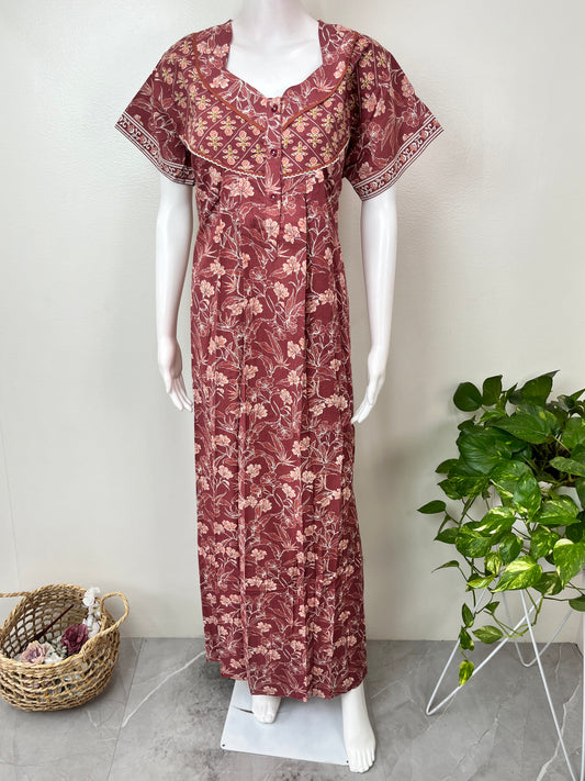Maroon Pure Cotton Nightgown Soft & Comfortable