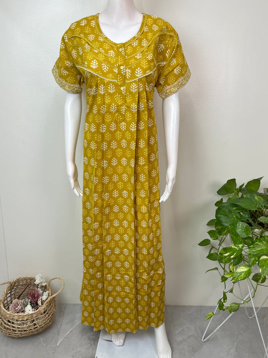 Yellow Pleated Style 100% Cotton Nighty