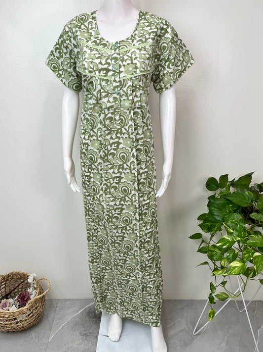 Green 100% Cotton Nightgown Elegant & Comfortable