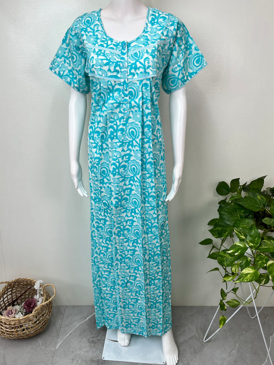 Blue Pleated Style 100% Cotton Nighty