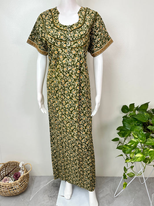 Bottle Green Pure Cotton Nighty with Contrast Print