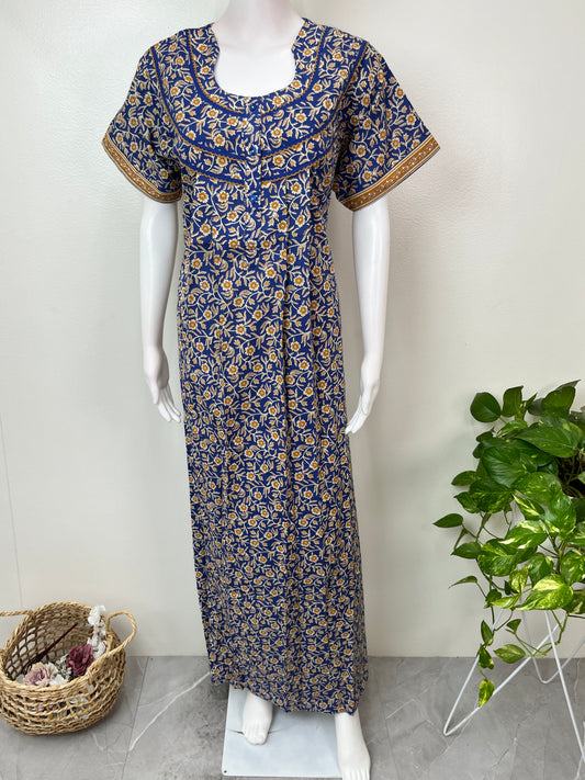 Royal Blue Floral Printed 100% Cotton Nightgown