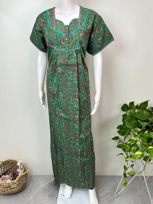 Green Floral Printed 100% Cotton Nighty